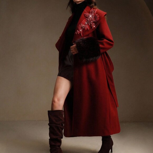 Burgundy Elegant Women's Embroidered Long Coat - Picture 6 of 8